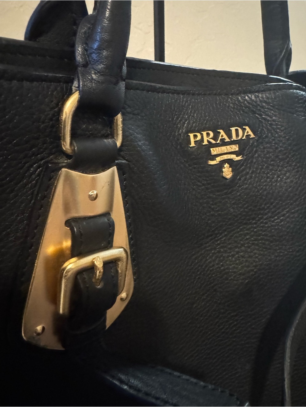 Prada Black Leather Tote with Gold-Tone Buckle Accents - Picture 2 of 12